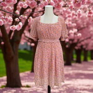 Beyond Words Pink Floral Puff Sleeve‎ Cottagecore Spring Summer Dress XL